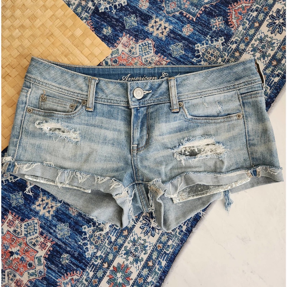 American Eagle Outfitters Light Blue Distressed Denim Jean Shorts